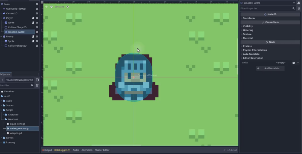 How to Build a Godot Weapon System With Mouse Aiming 19 The Weapon_Sword Node2D is selected in the scene tree with the melee_weapon.gd script attached, and the Inspector shows its exported Damage, Hit Force, and Range values.