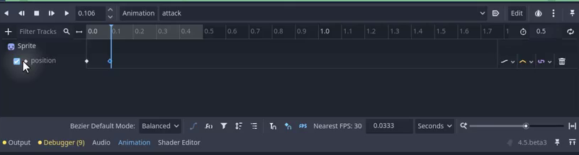 How to Build a Godot Weapon System With Mouse Aiming 22 The Animation panel shows the attack animation with a track for the sprite position and keyframes on the timeline, while the Inspector displays values for the currently selected keyframe.