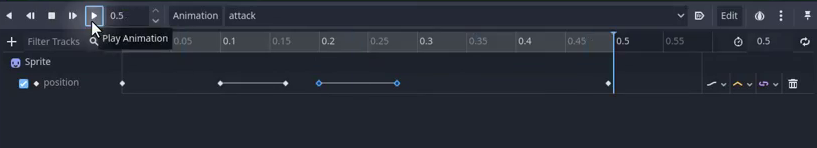 How to Build a Godot Weapon System With Mouse Aiming 23 The finished attack animation shows four keyframes on the sprite position track, laying out the pull-back, hold, jab, and return poses across half a second.