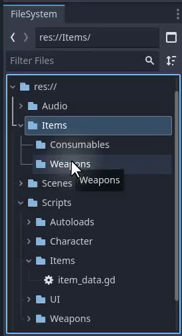 How to Build a Godot Inventory System With Resources 16 Godot FileSystem dock showing the newly created Items folder at the project root, containing Weapons and Consumables subfolders.