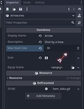 How to Build a Godot Inventory System With Resources 17 Godot Inspector for Arrow.tres showing Display Name "Arrow", Description "Shot by a bow.", Max Stack Size 30, an arrow icon assigned, and an empty Equip Scene.