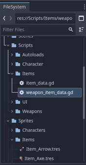 How to Build a Godot Inventory System With Resources 18 Godot FileSystem dock showing the Scripts/Items folder containing item_data.gd and the new weapon_item_data.gd script.