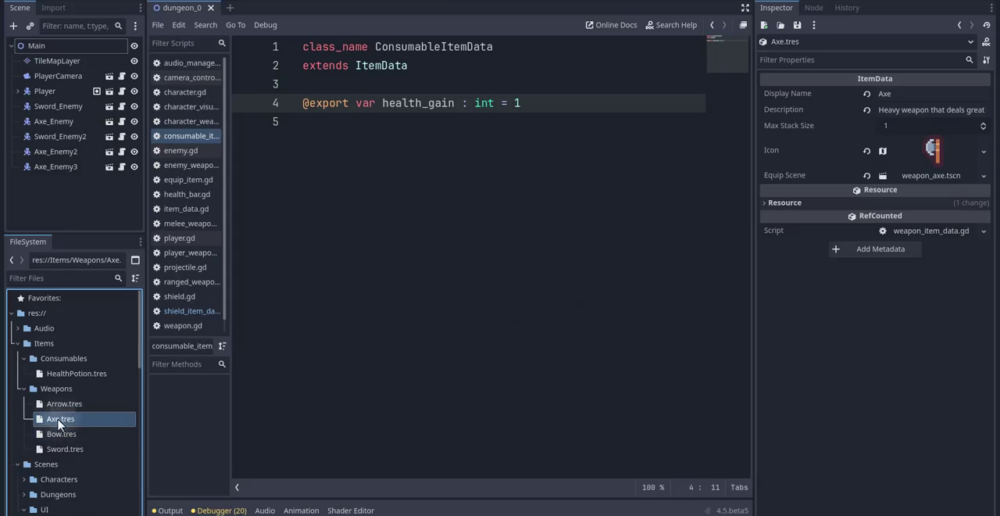 How to Build a Godot Inventory System With Resources 19 Godot editor showing the axe resource selected in the FileSystem dock, with the Inspector panel displaying its WeaponItemData fields filled in.