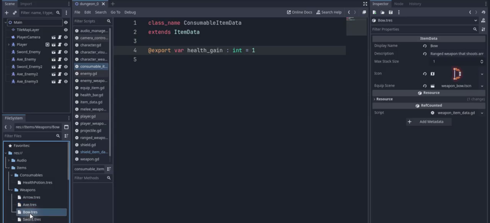 How to Build a Godot Inventory System With Resources 20 Godot editor showing the bow resource selected in the FileSystem dock, with the Inspector panel displaying its WeaponItemData fields filled in.
