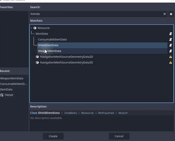 How to Build a Godot Inventory System With Resources 21 Godot Create New Resource dialog with ShieldItemData highlighted in the list of resource types.