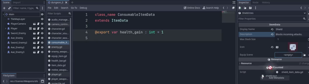 How to Build a Godot Inventory System With Resources 22 Godot editor showing the shield resource in the Inspector with display name, description, icon, and equip_scene assigned.