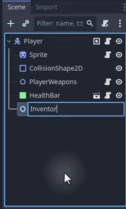 How to Build a Godot Inventory System With Resources 23 Godot Scene dock showing the Player node tree with a new child node named Inventory being added and renamed.