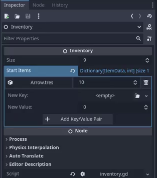 How to Build a Godot Inventory System With Resources 24 Godot Inspector for the Inventory node showing Size set to 9 and a Start Items dictionary entry for arrow with quantity 10.