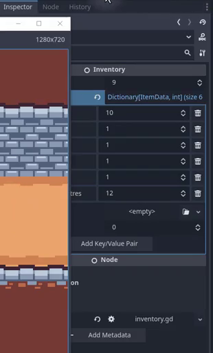 How to Build a Godot Inventory System With Resources 25 Godot Inspector showing the Start Items dictionary populated with multiple ItemData entries including HealthPotion, Arrow, Axe, Bow, Shield, and Sword.
