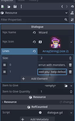 How to Build a Godot Dialogue System for NPCs 17 Godot Inspector panel showing the Dialogue resource with Npc Name set to Wizard, an Npc Icon texture assigned, and the Lines array being filled with dialogue entries.