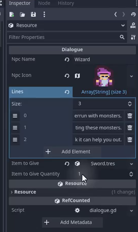 How to Build a Godot Dialogue System for NPCs 18 Godot Inspector panel showing a fully configured Dialogue resource with Npc Name, Npc Icon, three Lines entries, Item to Give set to Sword.tres, and Item to Give Quantity set to 1.