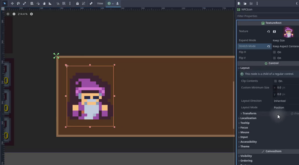 How to Build a Godot Dialogue System for NPCs 20 Godot editor with the NPCIcon TextureRect selected inside DialoguePanel, showing a wizard placeholder sprite rendered at the correct aspect ratio and the Inspector Stretch Mode set to Keep Aspect Centered.