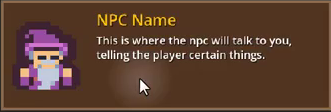 How to Build a Godot Dialogue System for NPCs 21 The finished dialogue box in the Godot viewport, showing the wizard icon on the left, the yellow NPC Name label at the top, and word-wrapped dialogue text below it.