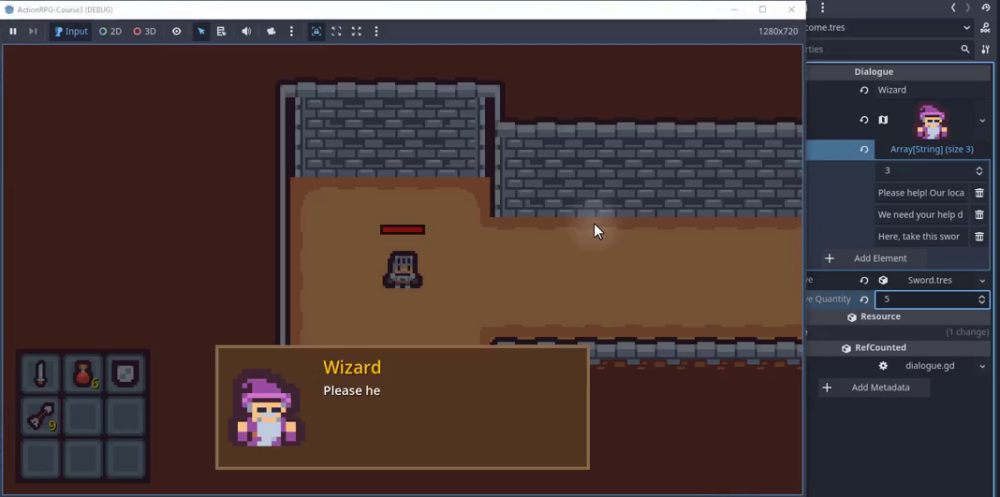 How to Build a Godot Dialogue System for NPCs 22 Godot game running with the wizard dialogue box visible over the overworld scene. The player inventory shows items, and the Inspector on the right displays the Dialogue resource with Sword.tres assigned as the item to give.