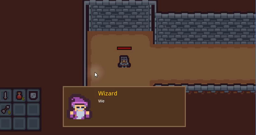 How to Build a Godot Dialogue System for NPCs 23 The running game viewport shows the player in a stone-walled dungeon room with the Wizard NPC dialogue box displayed at the bottom, demonstrating that the dialogue is now active.