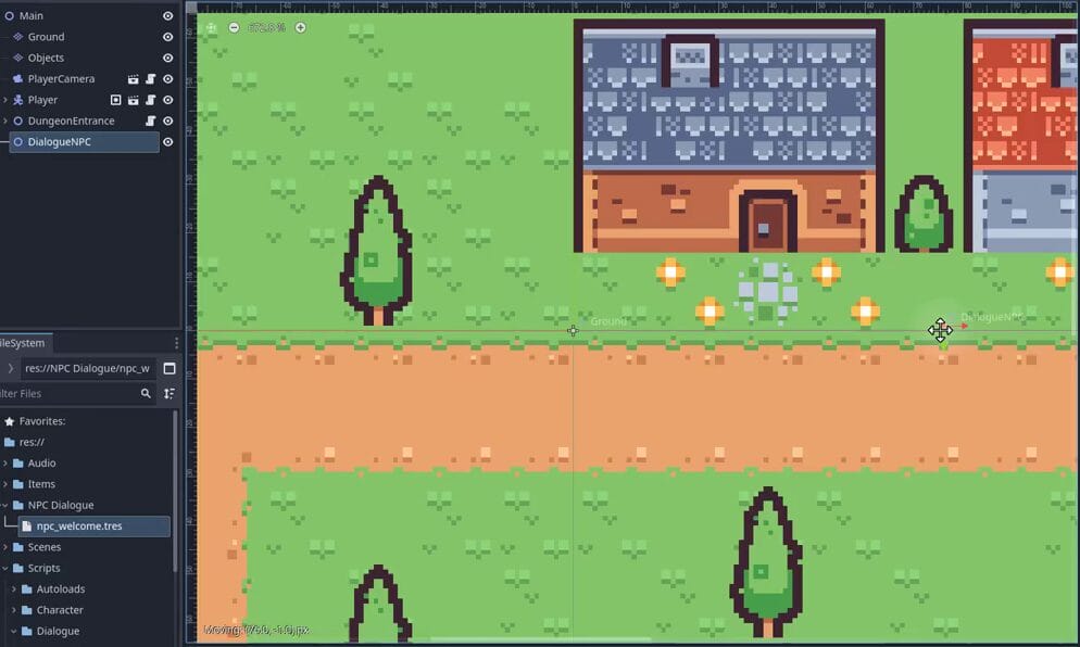How to Build a Godot Dialogue System for NPCs 24 Godot editor showing the new DialogueNPC node placed on the grass path next to a house, with the wizard sprite assigned in the overworld scene.