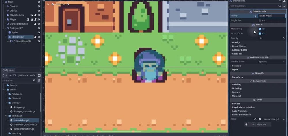 How to Build a Godot Dialogue System for NPCs 25 Godot Inspector showing the Interactable node with the Interactable.gd script attached and the Prompt property set to Talk to Wizard.