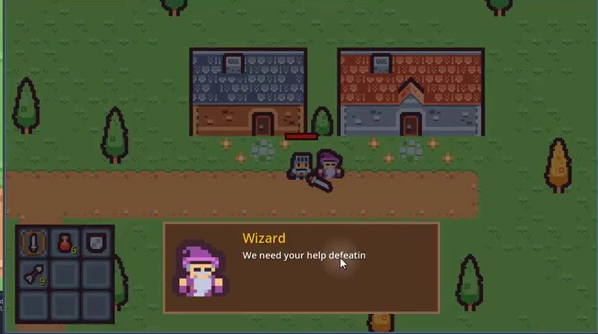 How to Build a Godot Dialogue System for NPCs 26 Running game showing the wizard portrait and dialogue box at the bottom of the screen after interacting with the Dialogue NPC.