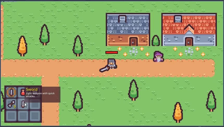 How to Build a Godot Dialogue System for NPCs 27 Running game after completing the wizard dialogue, showing a sword item added to the player's inventory hotbar.