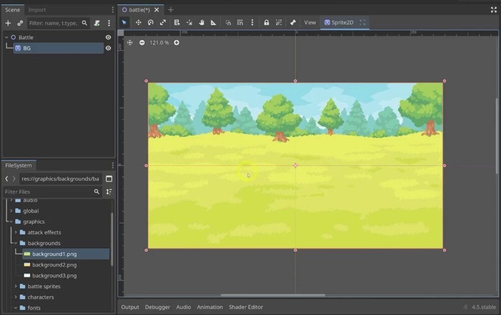 Godot 2D viewport showing a grass battle background partially covering the scene, with the Battle scene tree visible on the left.