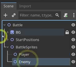 Godot Scene dock showing the completed Battle hierarchy: Battle root with BG (locked), StartPositions containing Player and Enemy Marker2D children, and BattleSprites containing Player and Enemy Node2D children.