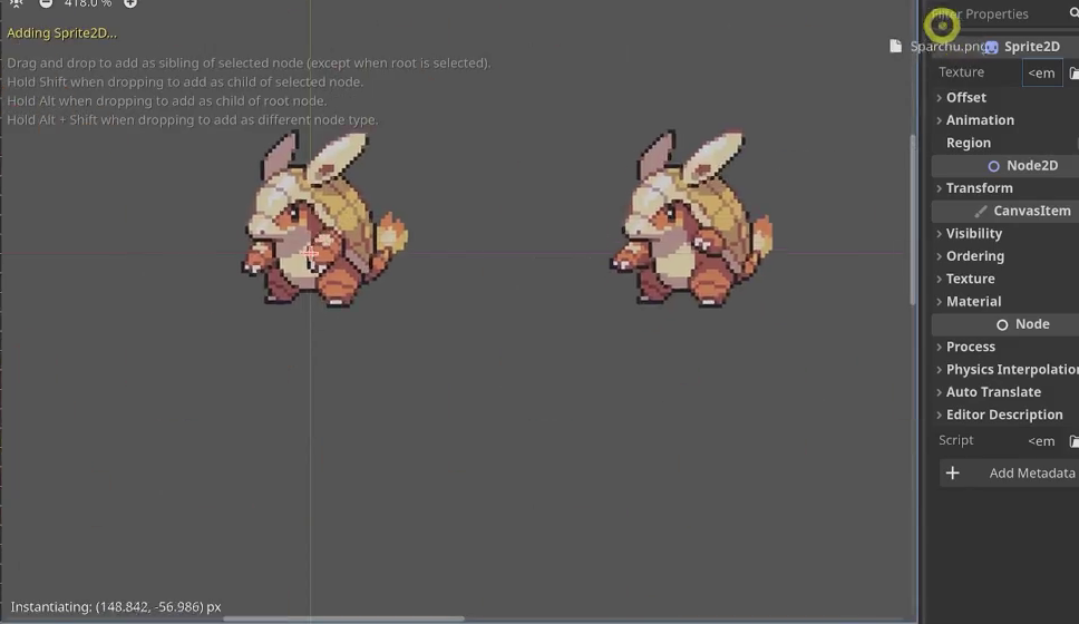 Godot viewport showing the Sparchu monster sprite sheet laid out in a 4 by 2 grid, with the top row used for the idle animation and the bottom row used for the attack animation.