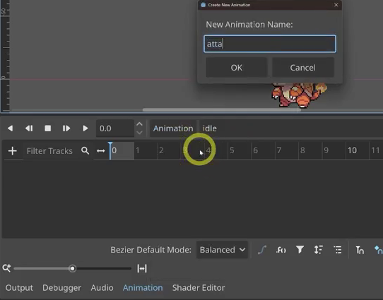 Godot AnimationPlayer panel with the Create New Animation dialog open, ready to add a second animation alongside the existing idle animation.