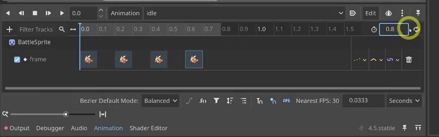 Godot AnimationPlayer timeline showing four keyframes placed on the BattleSprite frame property at 0.0, 0.2, 0.4, and 0.6 seconds for the idle animation.