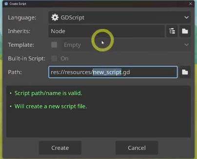 The Create Script dialog in the Godot editor with the Inherits field highlighted for entering Resource.