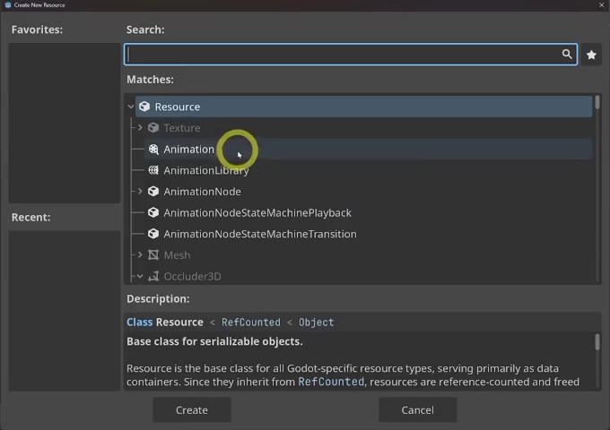 The Godot Create New Resource dialog listing built-in resource base types to inherit from.