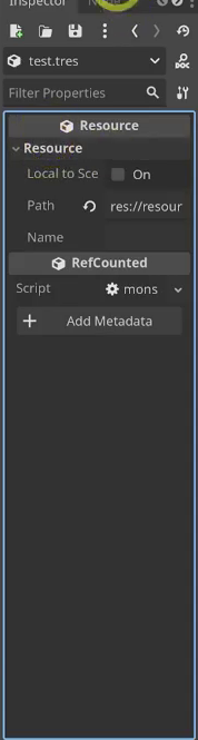 The Inspector panel for a freshly created Test.tres resource with no properties defined yet.