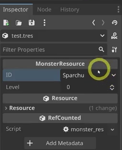 The Inspector for Test.tres showing the exported Id dropdown and Level integer field.