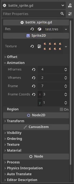 The Inspector for the battle sprite node showing the exported Monster Res slot ready to accept a MonsterResource.