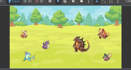 Godot game window showing the battle scene on a grass biome with three player monsters on the left and three different enemy monsters on the right.