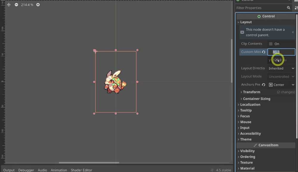 Godot 2D editor with the Control node selected under BattleSprite. The Inspector shows Custom Minimum Size set to 80 x 120 and a rectangular outline is drawn around the monster sprite.