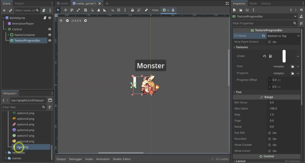 Godot editor showing a TextureProgressBar added as a child of the Control node. The Inspector shows Fill Mode set to Bottom to Top and the Textures section is visible, with the Monster name label above the monster sprite in the viewport.