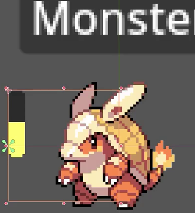 Close-up of the monster sprite in the Godot 2D editor with the Monster name label above and a yellow TextureProgressBar on the left, showing the tinted readiness bar partially filled.