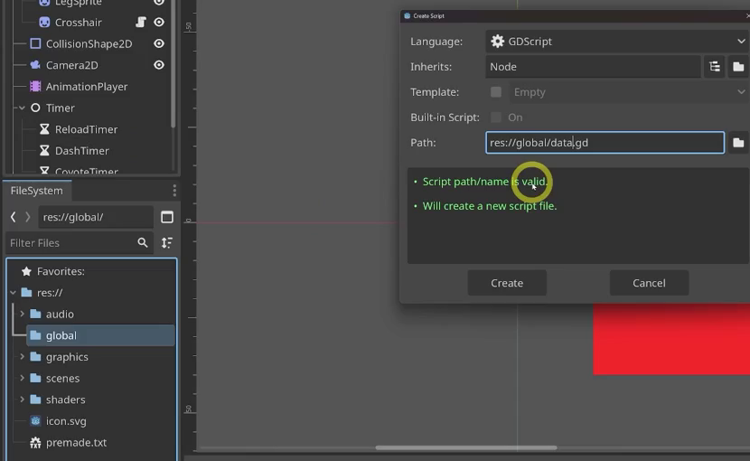 Godot Create Script dialog with path set to res://global/data.gd, inheriting Node, and the new global folder selected in the FileSystem dock.