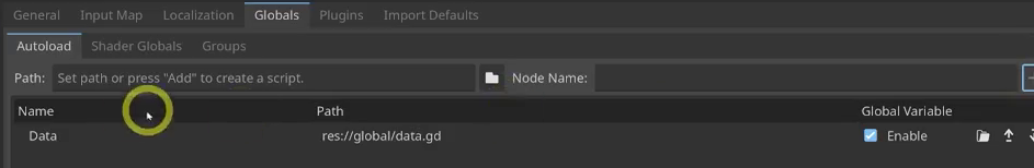 Godot Project Settings window on the Autoload tab, with res://global/data.gd added as the singleton Data and Global Variable enabled.