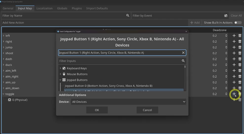 Godot Input Map tab showing the toggle action bound to the E key, with the Event Configuration dialog open adding a joypad button binding.