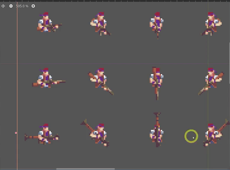 The player.png sprite sheet open in the Godot editor, showing three rows of torso frames, one row per weapon type.