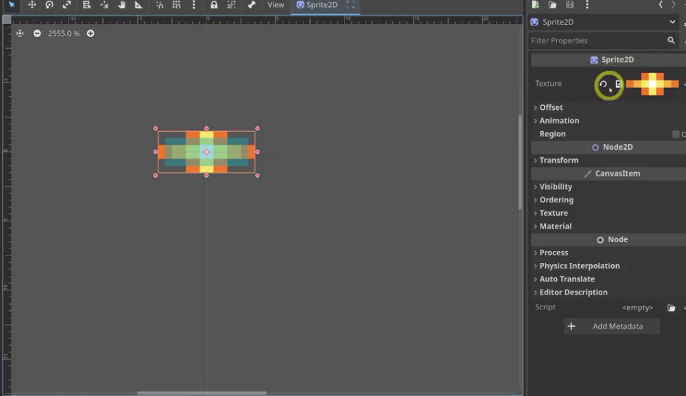 bullet.tscn open in the Godot 2D editor with the Sprite2D node selected and its Texture field visible in the Inspector.