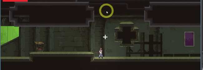 Running game viewport where the rocket launcher now fires visibly larger projectile sprites compared to the default bullet.
