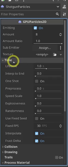 Godot Inspector showing the ShotgunParticles GPUParticles2D node with a ParticleProcessMaterial assigned and the One Shot toggle enabled.