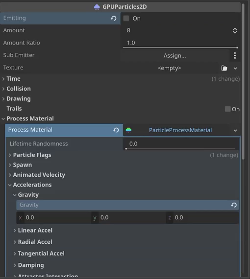Godot Inspector with the Process Material Accelerations section expanded and Gravity set to (0, 0, 0).