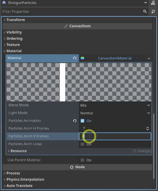 Godot Inspector showing the Material section with a CanvasItemMaterial, Particles Animation enabled, H Frames set to 7 and V Frames set to 1.