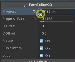 Godot Inspector showing Progress in pixels and Progress Ratio from 0 to 1 for a PathFollow2D node.