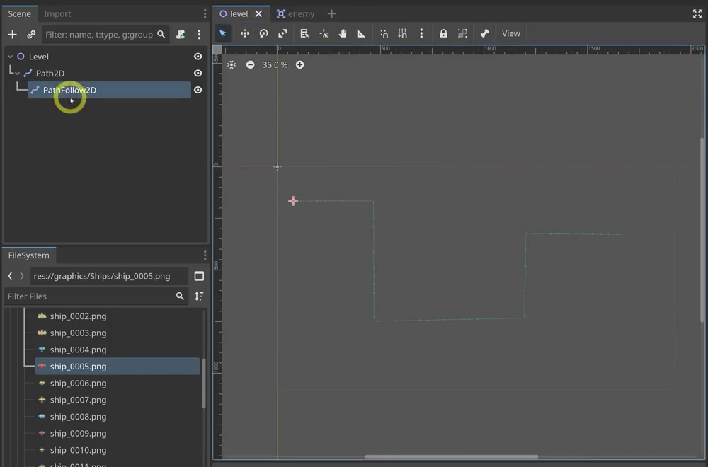 Godot editor showing the Enemy scene with an airplane Sprite2D and a circular CollisionShape2D sized to roughly match the sprite.