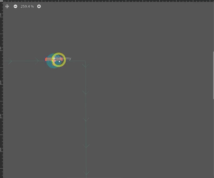 Airplane Sprite2D placed on the Path2D in the Godot viewport, visibly oriented sideways instead of facing forward along the path.