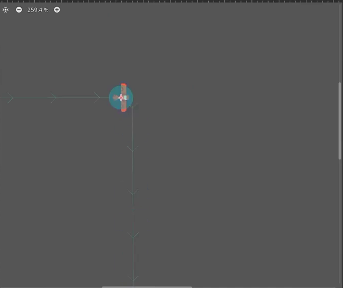 Airplane Sprite2D on the Path2D curve, rotated so the nose faces along the positive X-axis and points forward along the path.